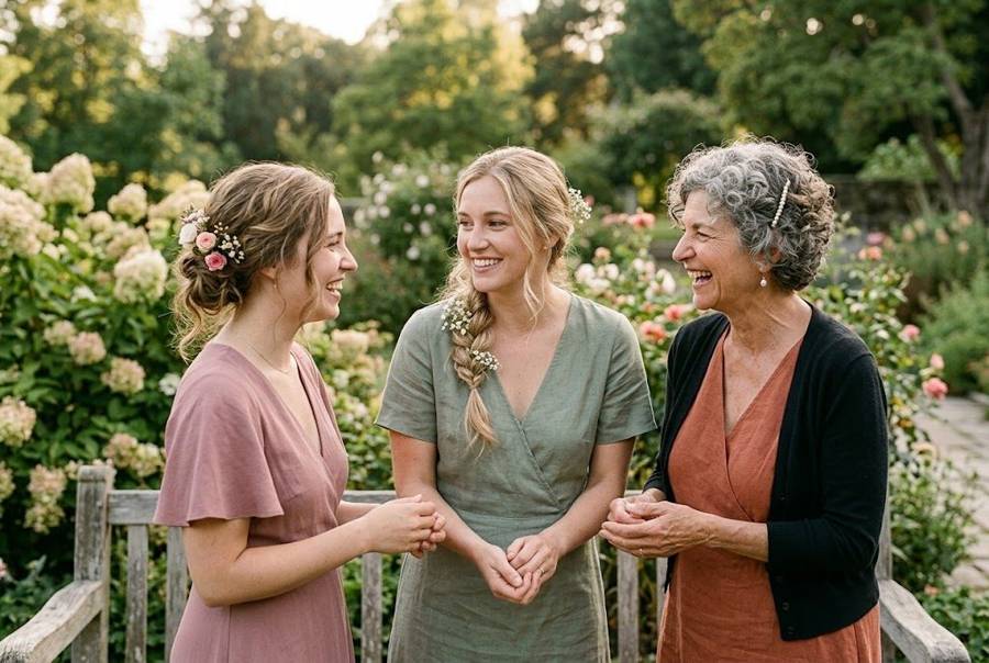 Three women sharing a laugh in a garden, dressed for a wedding