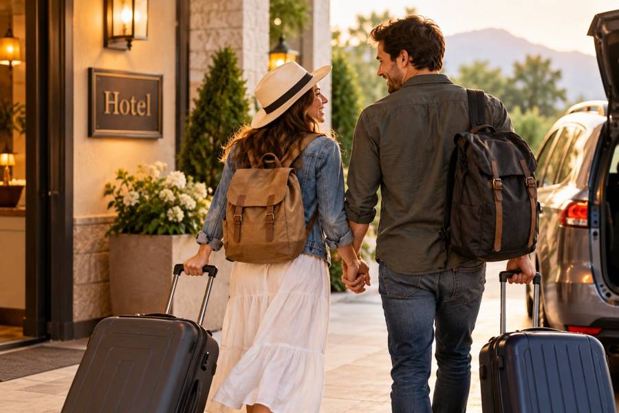 A couple arriving at a hotel with luggage for a destination wedding