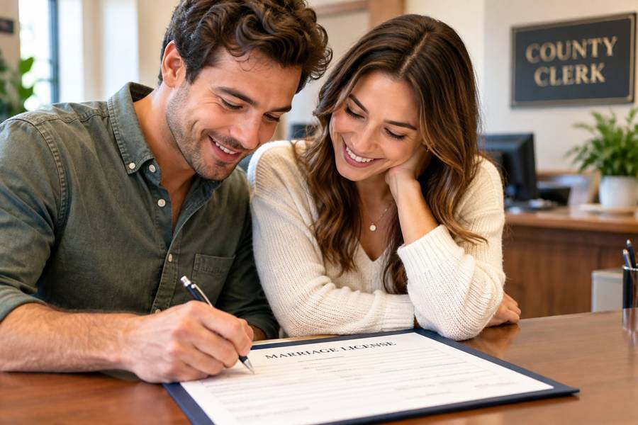 A couple signing their marriage license at a county clerk's office