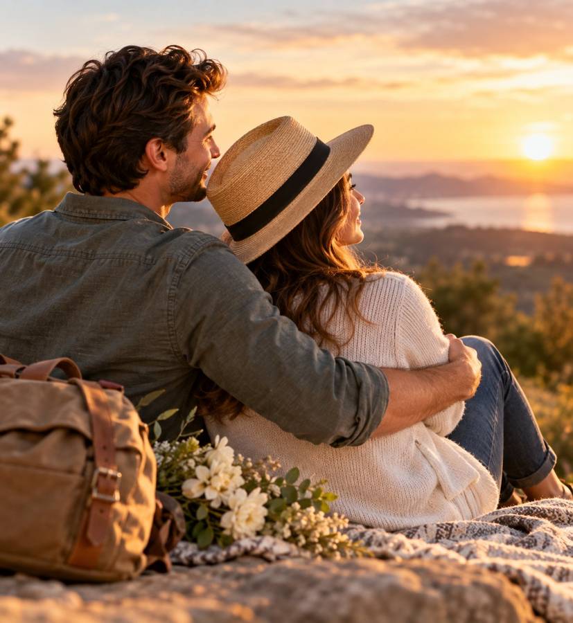 A couple sitting together at sunset, remembering the story of their relationship