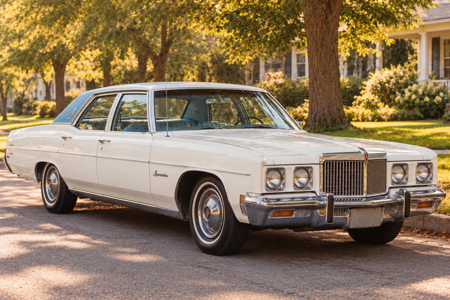 A white Pontiac Laurentian sedan with a blue vinyl roof parked on a tree-lined street in golden afternoon light