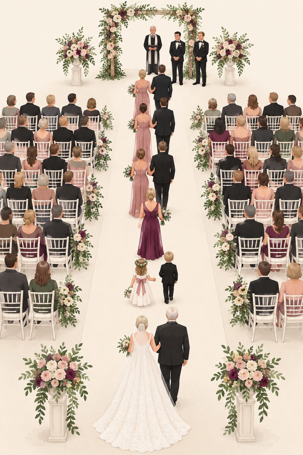 An illustrated wedding processional seen from behind: the officiant, groom and best man wait under a floral arch while bridesmaids and groomsmen walk up the aisle in pairs, followed by the maid of honor, a flower girl and ring bearer, and the bride on her father's arm