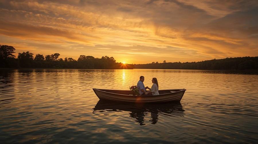 A couple holding hands in a small wooden rowboat on a calm lake at sunset