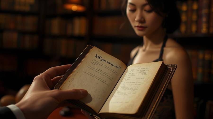 A man holding an old book open to a page that reads Will you marry me? as his partner looks on
