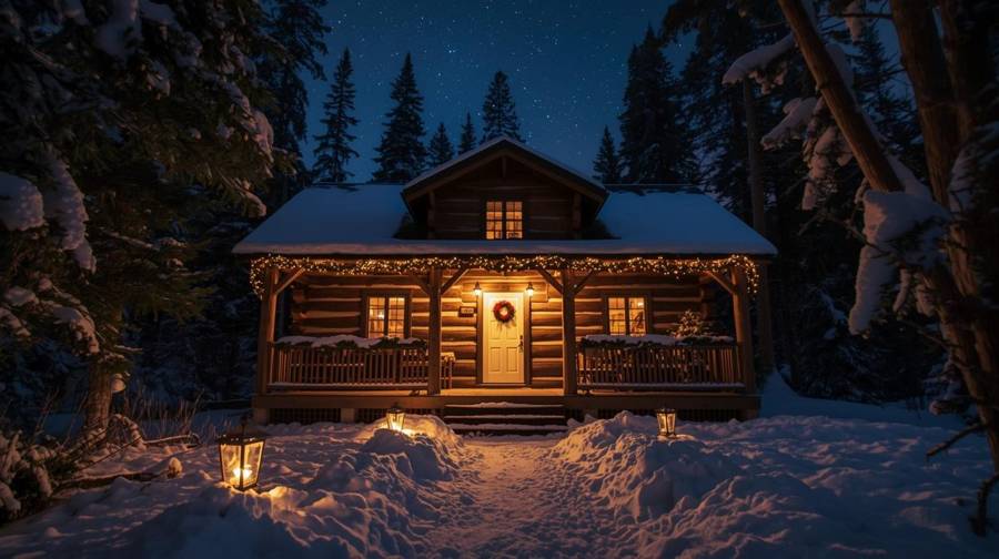 A snowy log cabin glowing with Christmas lights and a wreath under a starry night sky
