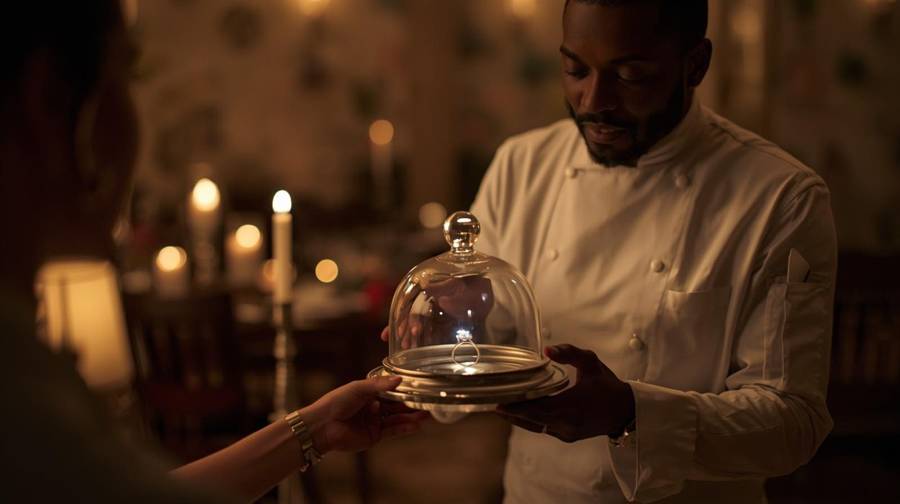 A chef in whites presenting a glass dome with an engagement ring on a silver tray by candlelight