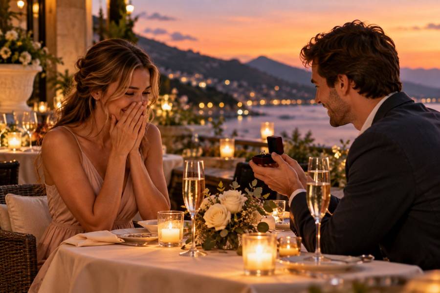 A couple at a candlelit dinner table overlooking a lake at dusk as he proposes with a ring box