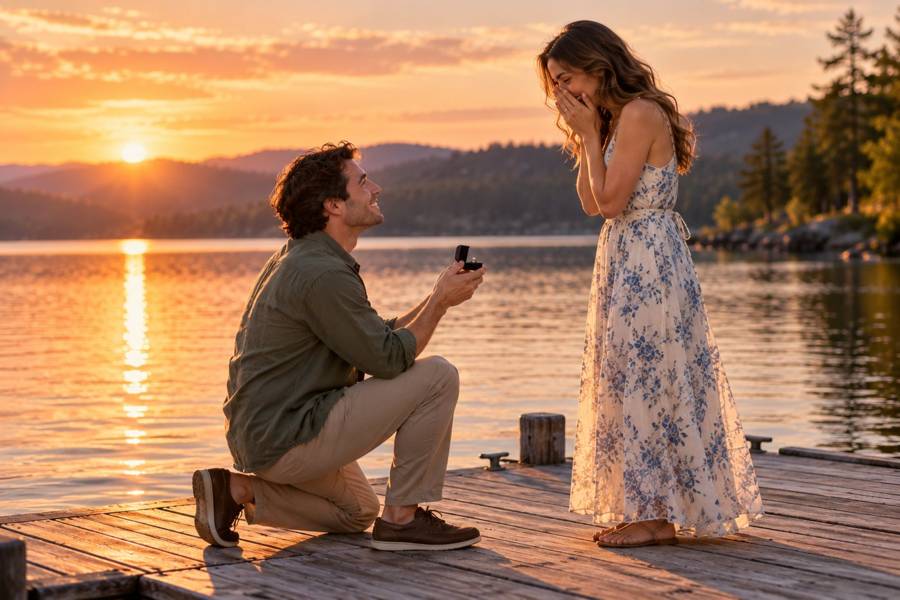 A man kneeling with a ring box on a wooden dock at sunset as his partner covers her mouth in happy surprise
