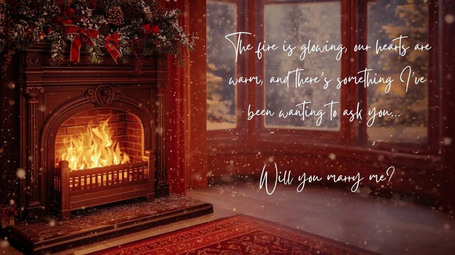A glowing Christmas fireplace beside a snowy window with the proposal line: The fire is glowing, our hearts are warm, and there's something I've been wanting to ask you... Will you marry me?