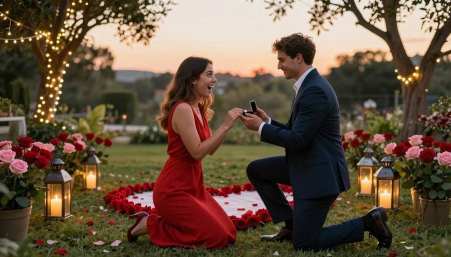 A man kneeling with a ring box in a garden ringed with roses, lanterns and string lights as his partner reacts with joy