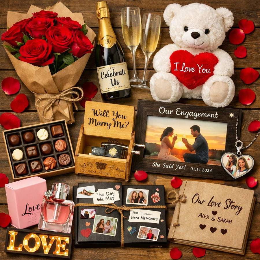 Valentine gift ideas: red roses, chocolates, champagne, a plush bear, a Will You Marry Me music box, a framed engagement photo, perfume and a memory album