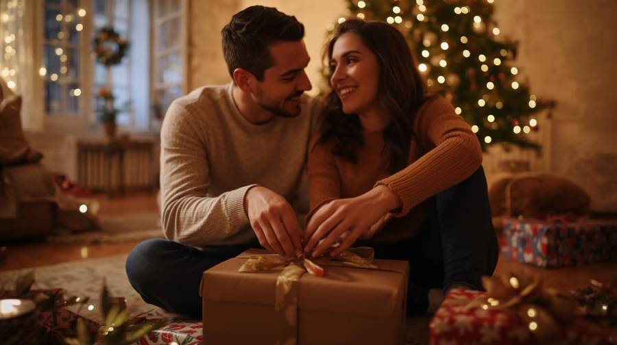 A couple wrapping a gift together by the Christmas tree