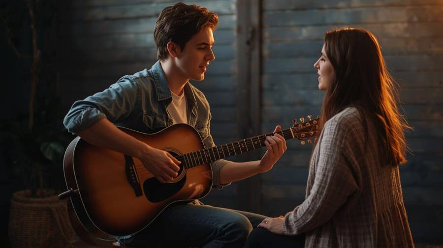 A man playing guitar for his partner