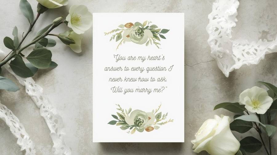 A white card with green floral artwork reading: You are my heart's answer to every question I never knew how to ask. Will you marry me?