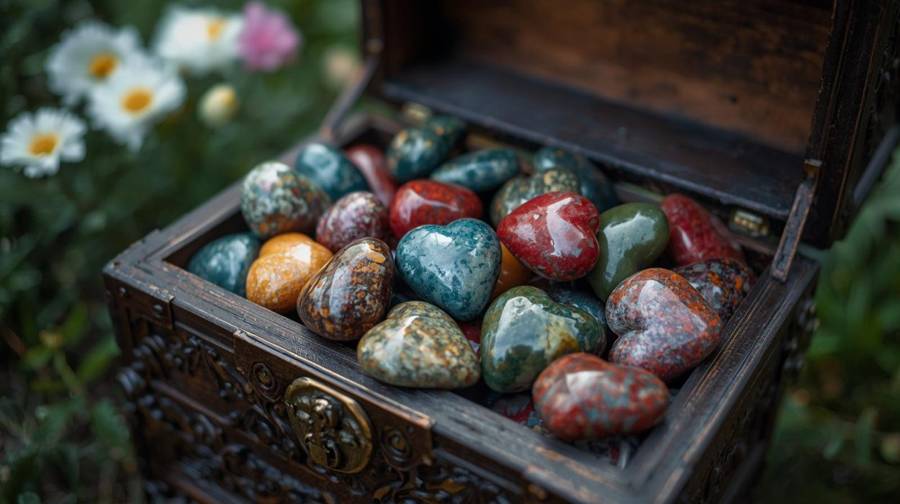 An open carved wooden chest filled with polished heart-shaped stones among garden flowers
