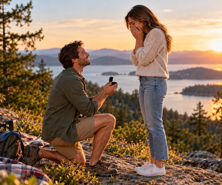 A man kneeling with a ring box on a scenic hiking overlook above a lake at sunset