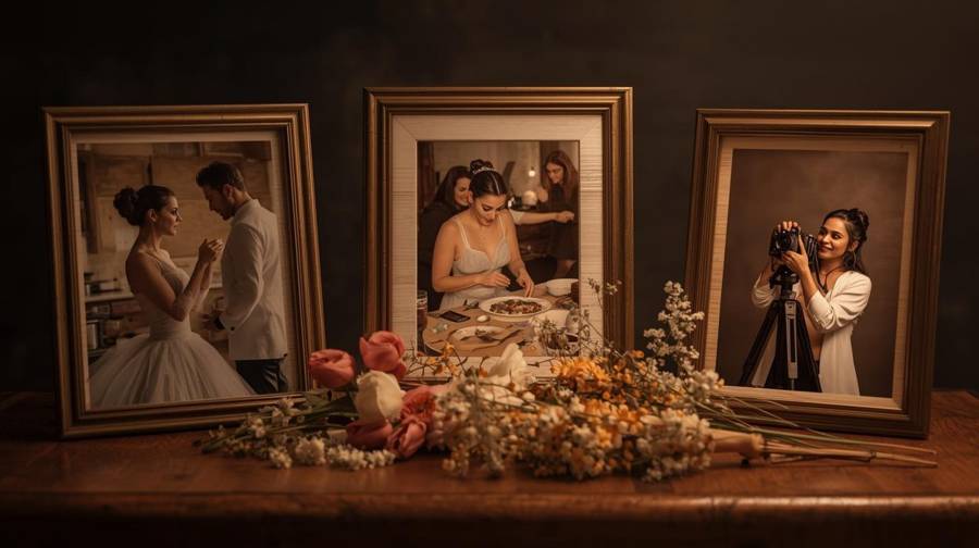 Three framed photos of a couple, a bride cooking with friends and a woman with a camera, showing shared hobbies