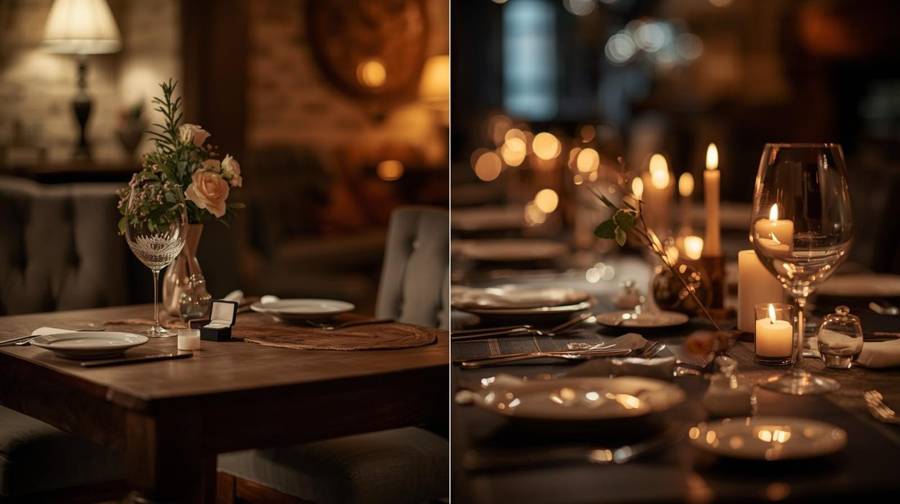 Two candlelit dinner tables, one with a ring box tucked beside the place setting
