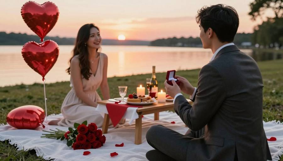 A man holding out a ring box to his smiling partner on a lakeside picnic blanket with heart balloons, roses and candles at sunset
