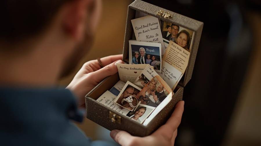 A man holding an open keepsake box filled with photos and mementos