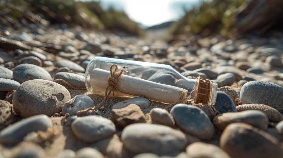 A glass bottle with a rolled note tied with twine lying among stones on a beach