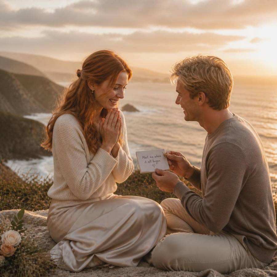 A couple on a seaside cliff at sunset as she reads a handwritten note and he holds the ring