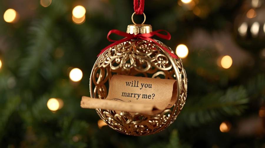 A gold Christmas ornament with a tiny scroll reading “will you marry me”