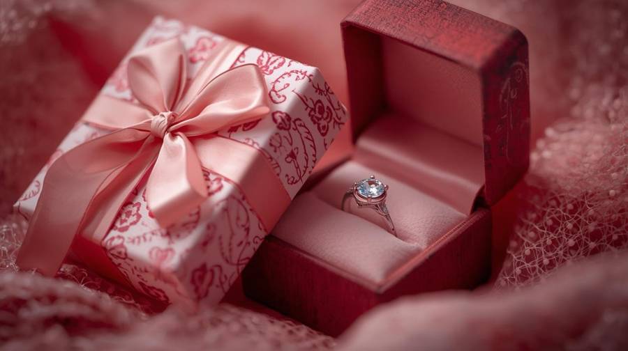 A pink ribboned gift box beside an open red ring box holding an engagement ring