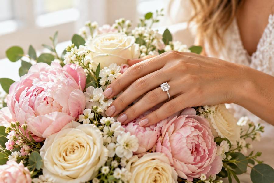 A diamond engagement ring on a hand holding a bouquet of pink peonies and white flowers