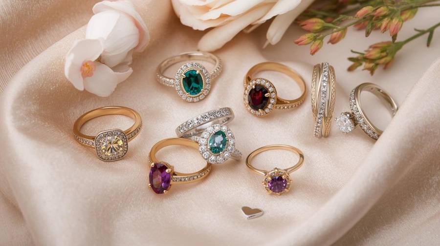A selection of engagement rings with different colored stones and gold and silver bands on cream satin