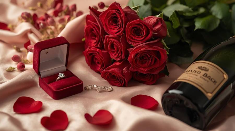 A velvet ring box beside red roses, scattered petals and a bottle of champagne on pink satin