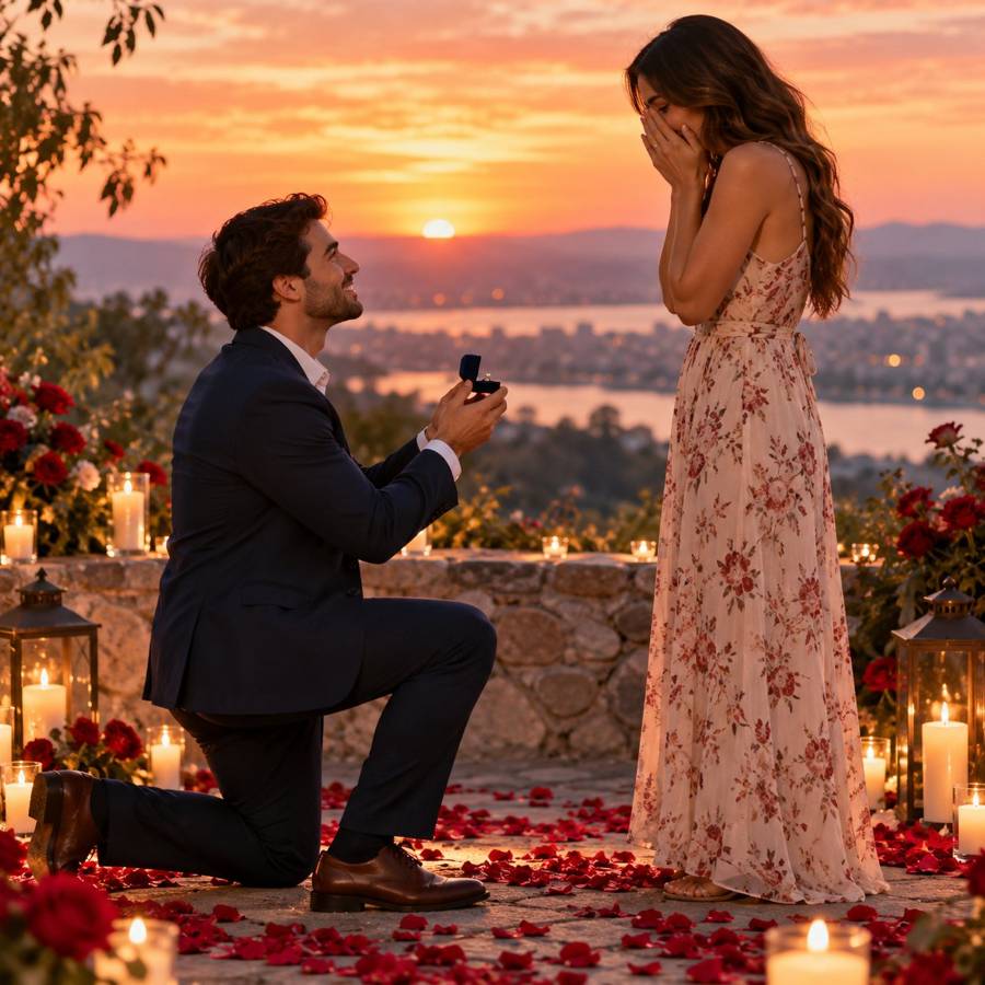 A man kneeling among candles and rose petals at sunset with a ring box open