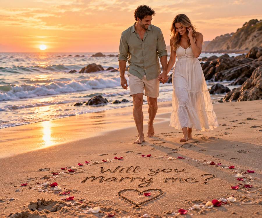 A couple walking hand in hand on a beach where a proposal is written in the sand inside a heart
