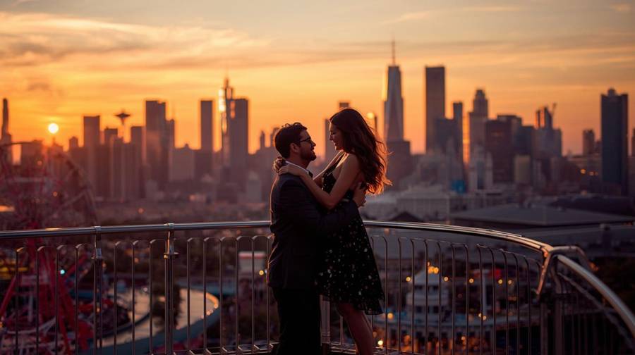 A couple embracing on a rooftop with a city skyline glowing at sunset behind them