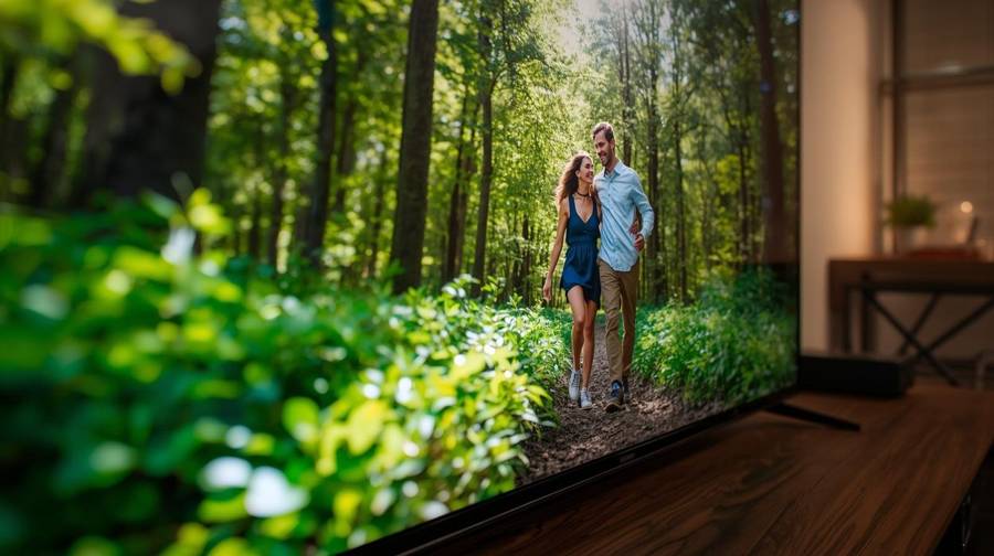 A TV on a wooden console showing a photo of a couple walking together down a forest path