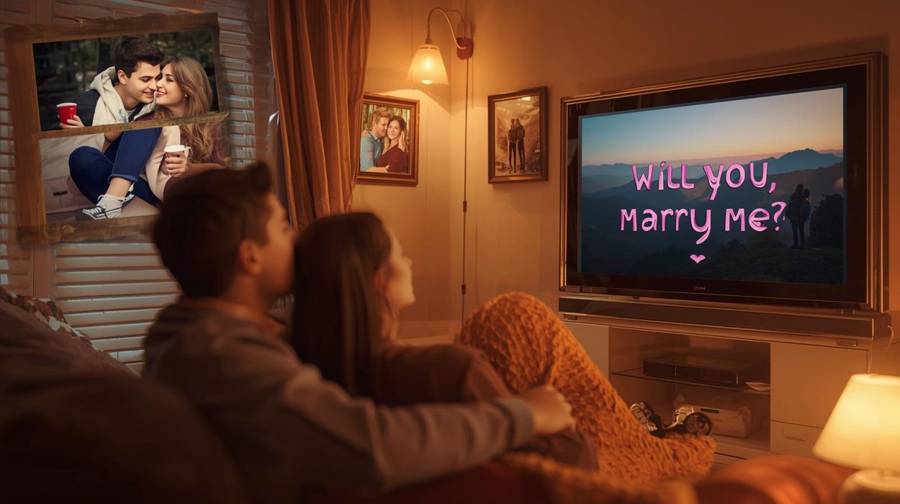 A couple on the sofa watching a photo slideshow on the TV that ends with Will you, marry me?