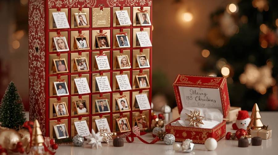 A red advent calendar with small photo compartments and a ring box