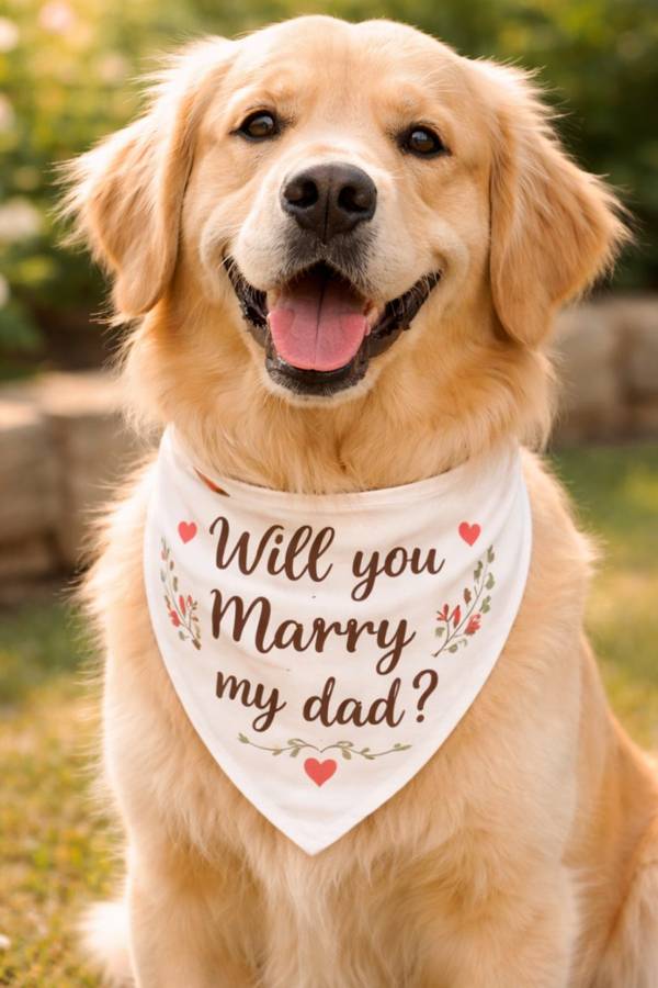 A golden retriever wearing a bandana that reads “Will you marry my dad?”
