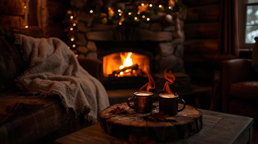Two mugs on a log slice in front of a cabin fireplace, a blanket on the sofa