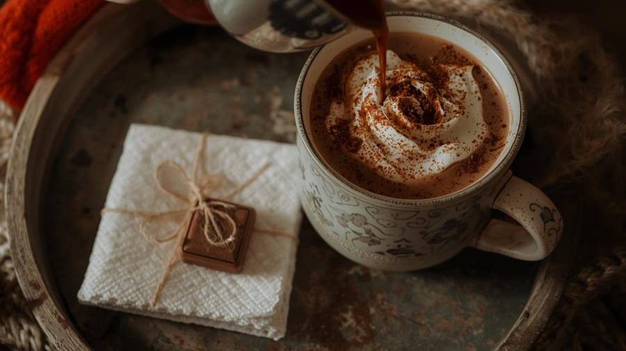 A cup of hot cocoa on a tray with a folded note