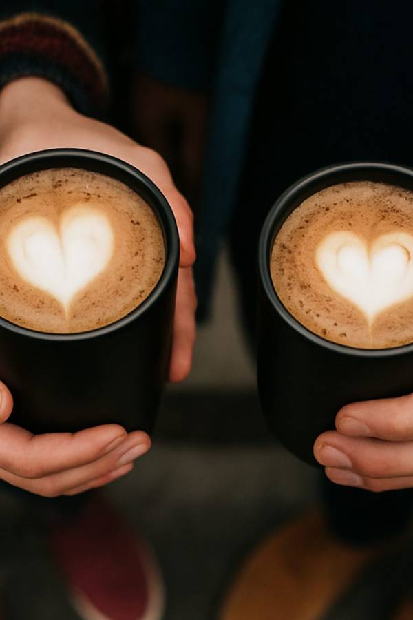 Two black mugs with heart-shaped latte foam