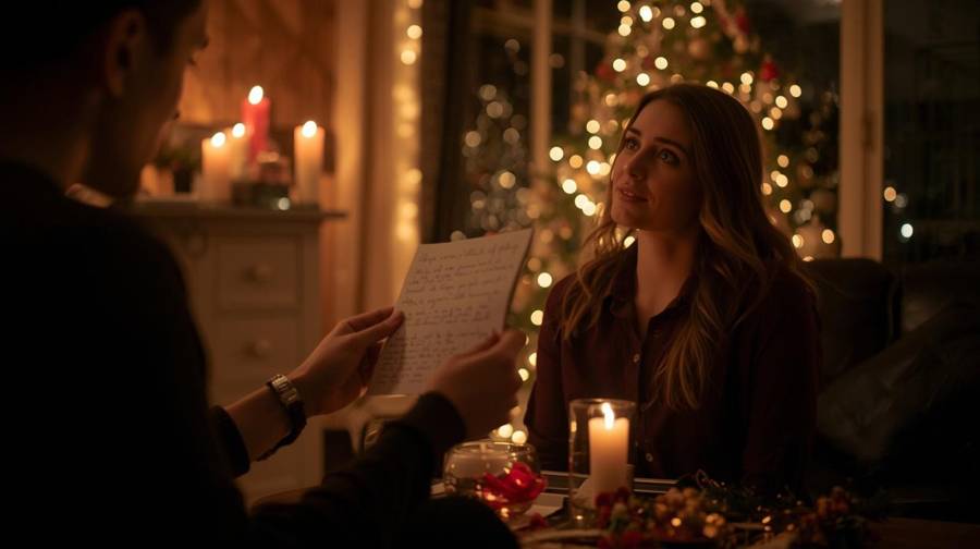 A woman reading a letter by candlelight with a lit tree behind her