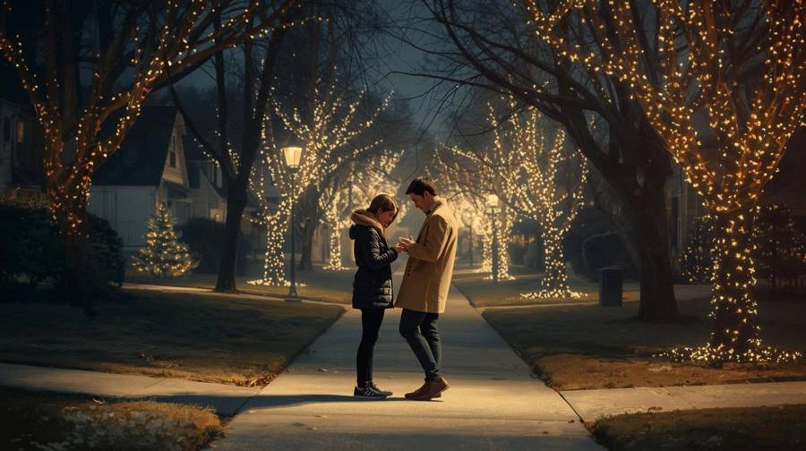 A couple stopping on a quiet street lined with twinkling lights