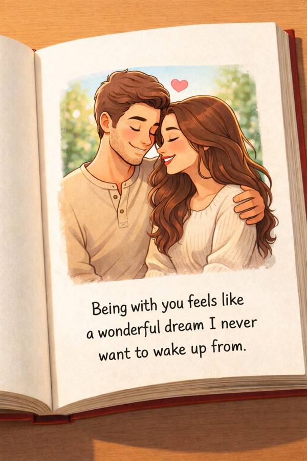 An illustrated page from a custom love story book: a couple with the caption “Being with you feels like a wonderful dream I never want to wake up from”