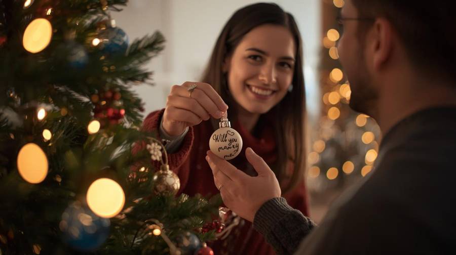 A man and woman at a Christmas tree, holding an ornament