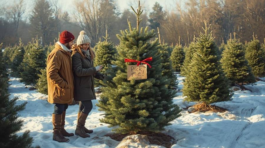 A couple at a Christmas tree farm beside a tree with a “Pick me!” tag and red bow