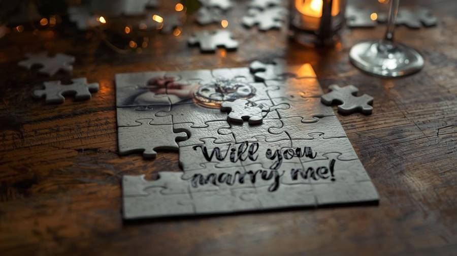 A jigsaw puzzle on a wooden table that reads “Will you marry me!”