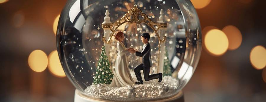 A snow globe with a tiny couple, one figure kneeling, under a gold arch