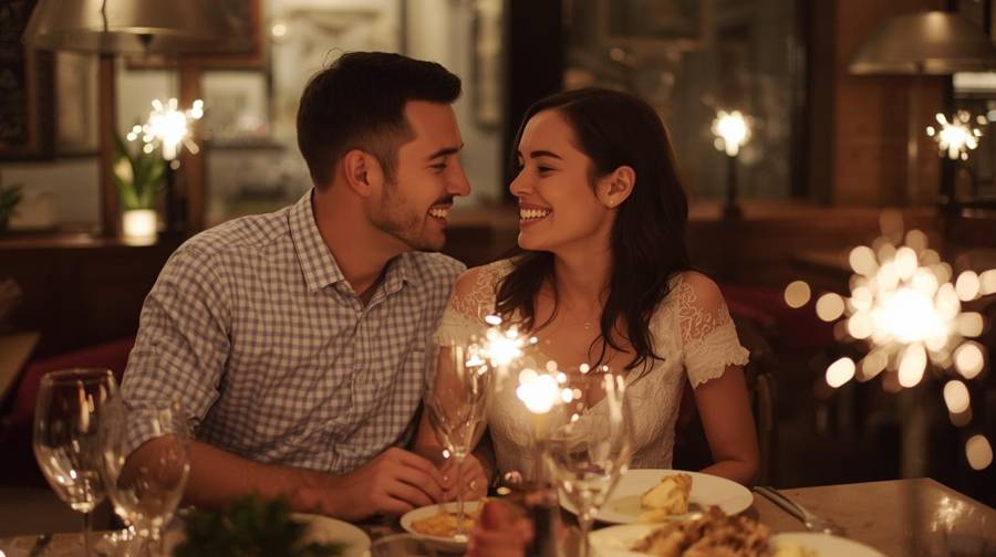 A smiling couple at a candlelit restaurant table with sparklers