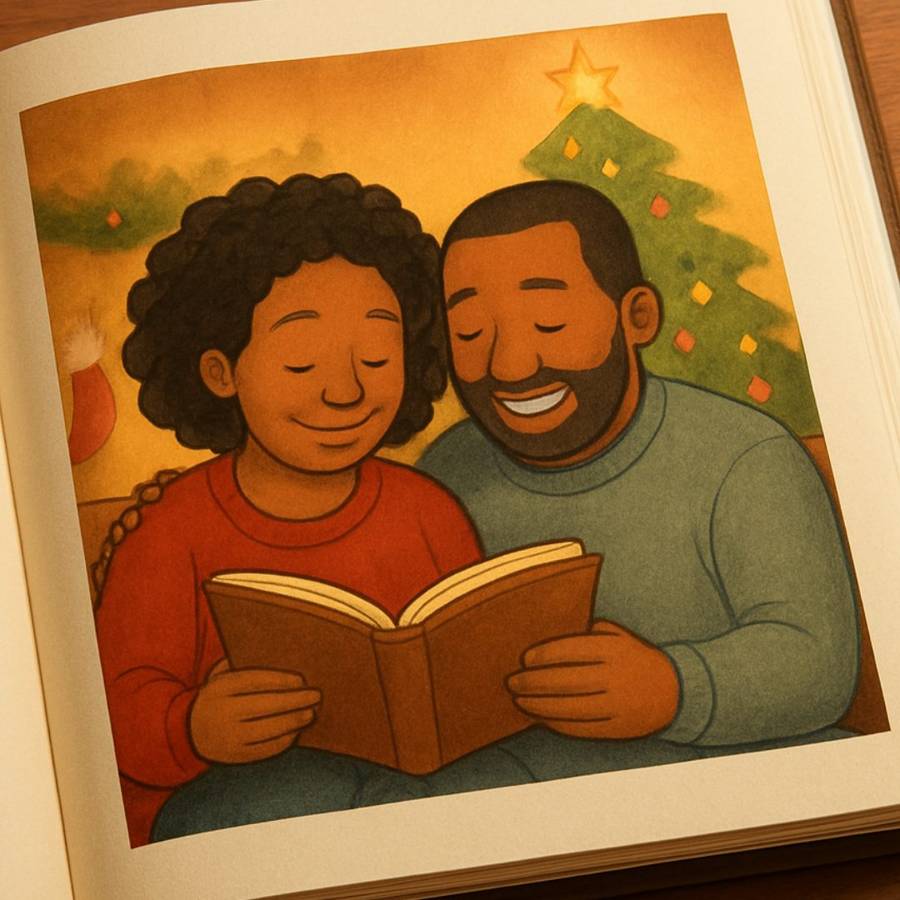 An illustrated Christmas storybook page of a couple reading together by the tree